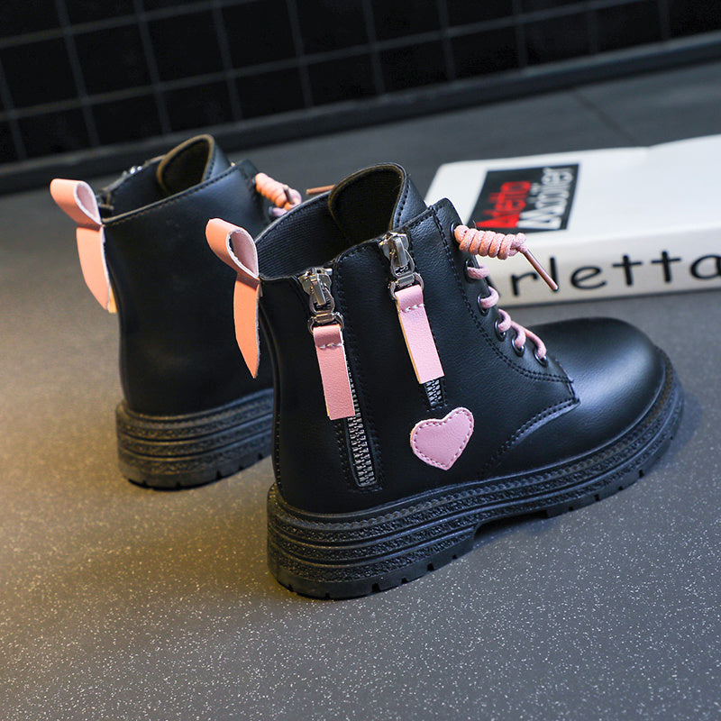 Girls Heart Print Ankle Boots, Non Slip Zip Closure, Indoor Outdoor Travel