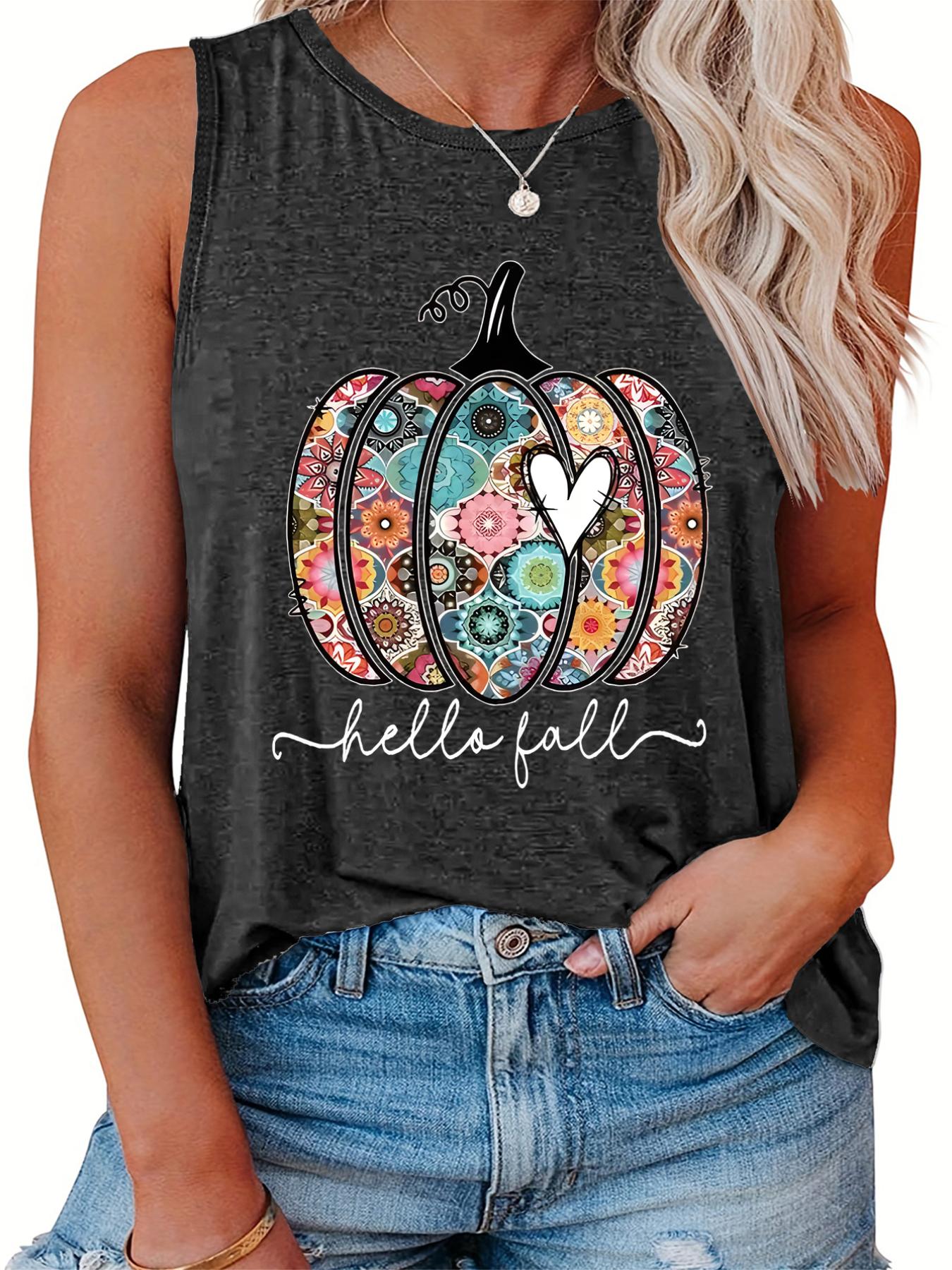 Floral Pumpkin & Slogan Print Plus Size Halloween Tank Top