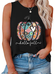 Floral Pumpkin & Slogan Print Plus Size Halloween Tank Top