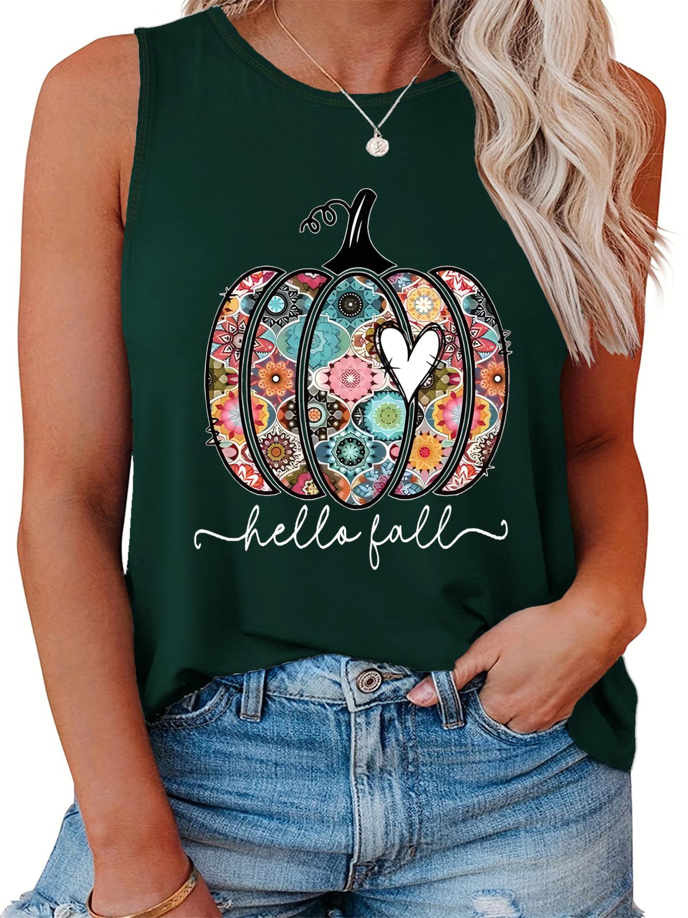 Floral Pumpkin & Slogan Print Plus Size Halloween Tank Top