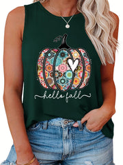 Floral Pumpkin & Slogan Print Plus Size Halloween Tank Top