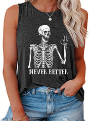  Funny Skull Print Tank Top Round Neck Summer Tee