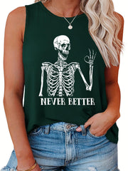  Funny Skull Print Tank Top Round Neck Summer Tee