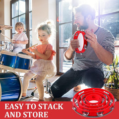 Red Wooden Handheld Tambourine with Single Row Metal Jingles
