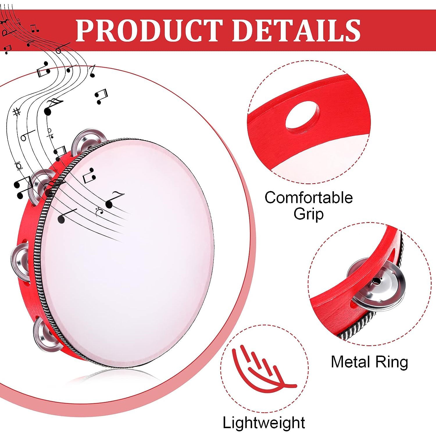 Red Wooden Handheld Tambourine with Single Row Metal Jingles
