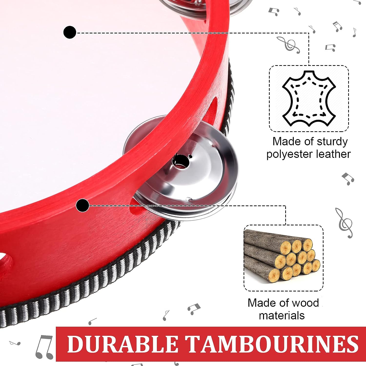 Red Wooden Handheld Tambourine with Single Row Metal Jingles