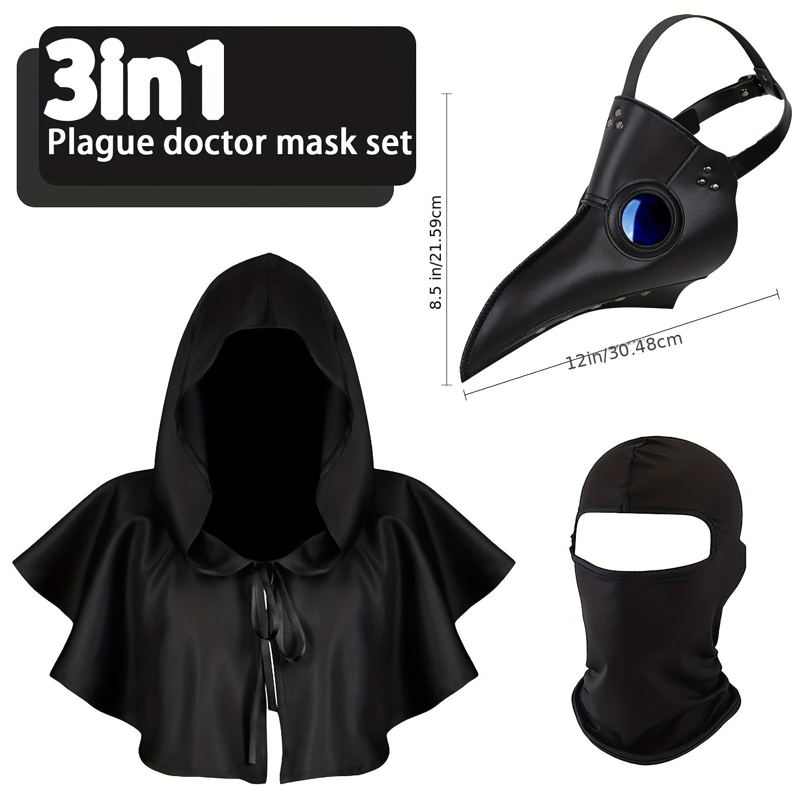3pcs Halloween Horror Costume Set: Bird Mouth Mask, Cape & Balaclava