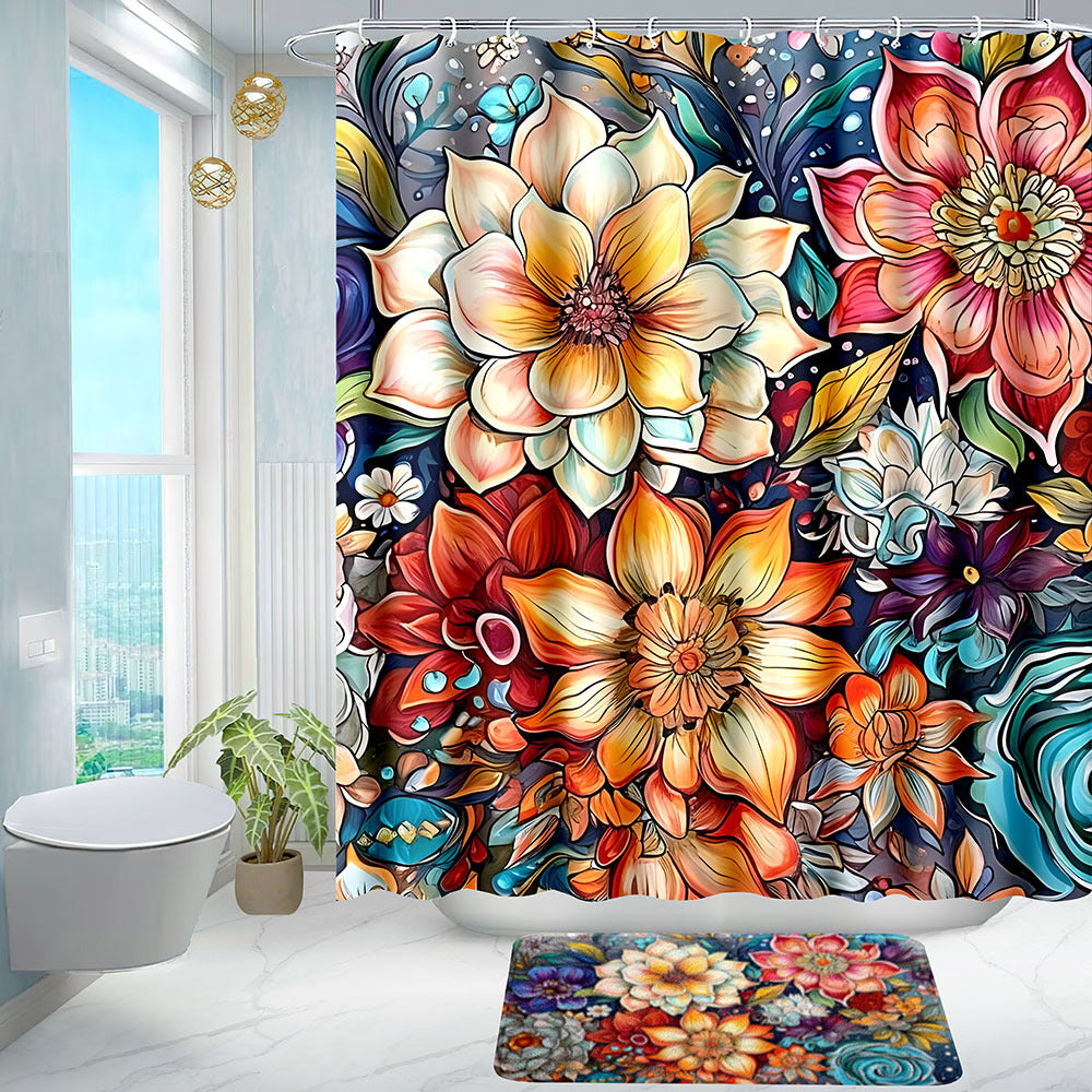 Boho Floral Shower Curtain Floor Mat Bright Fabric Blossom Shower Curtain