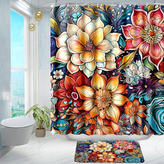 Boho Floral Shower Curtain Floor Mat Bright Fabric Blossom Shower Curtain