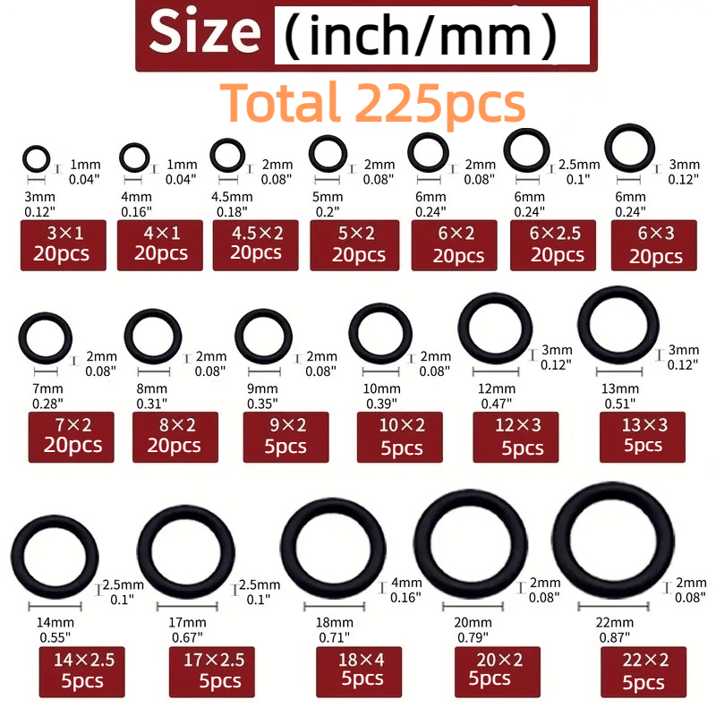 225pcs Rubber O rings 18 Sizes Set Sealing Gaskets Plumbing Faucets Automotive