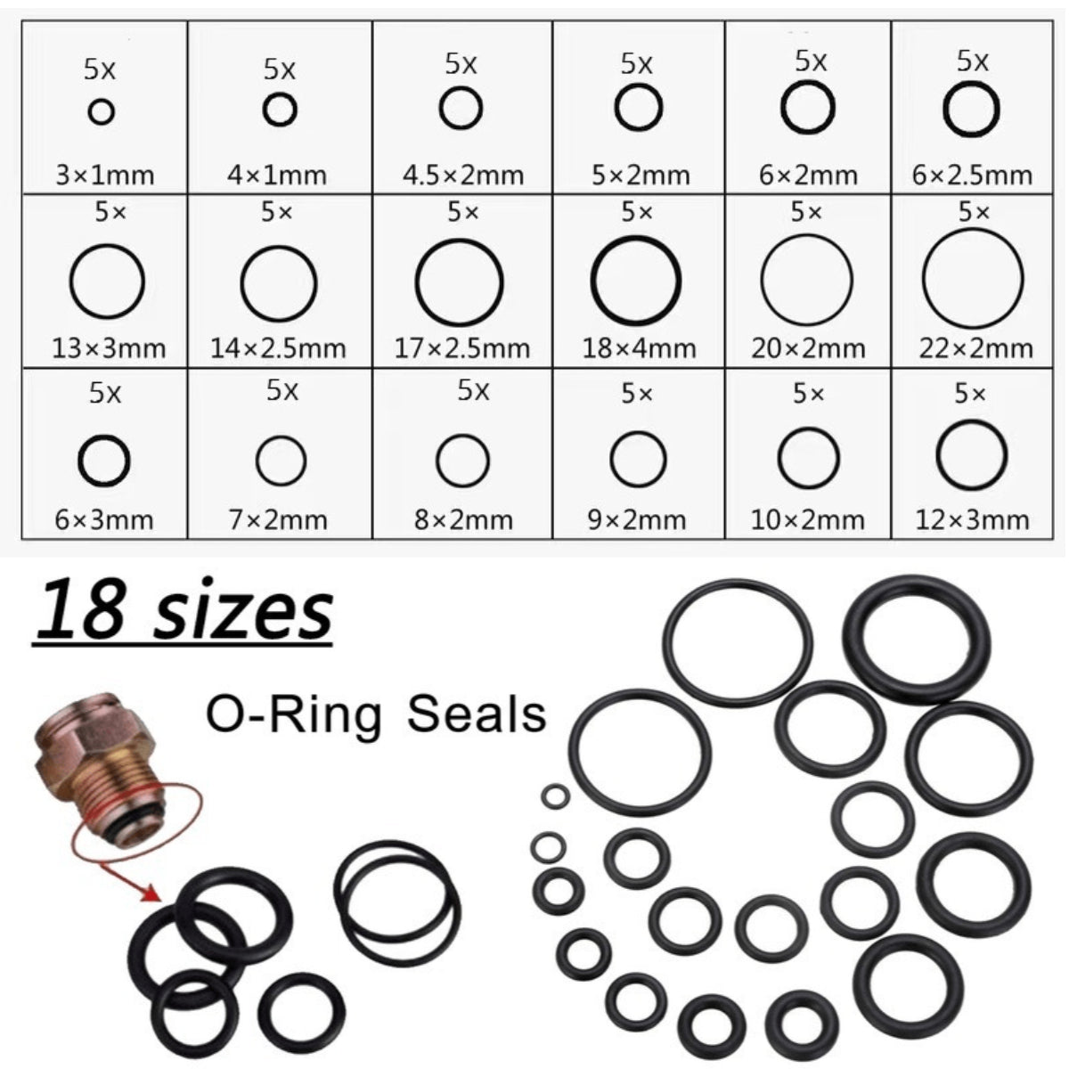225pcs Rubber O rings 18 Sizes Set Sealing Gaskets Plumbing Faucets Automotive
