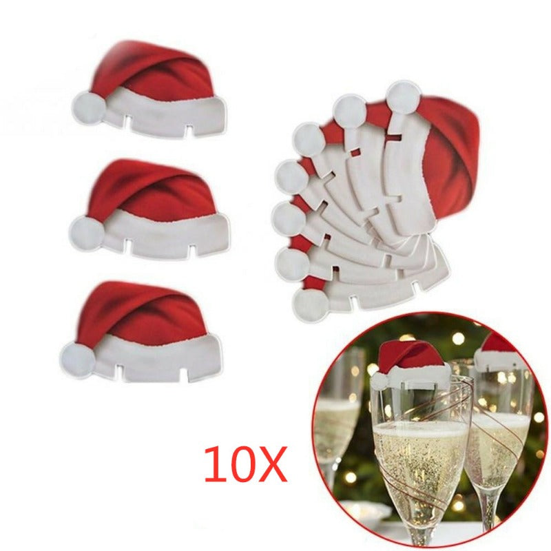 10pcs Christmas Cup Card Santa Hat Wine Glass Decor Ornaments Navidad Noel Year