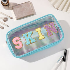 Preppy Makeup Bag With Patches Skin Pouch Chenille Letter