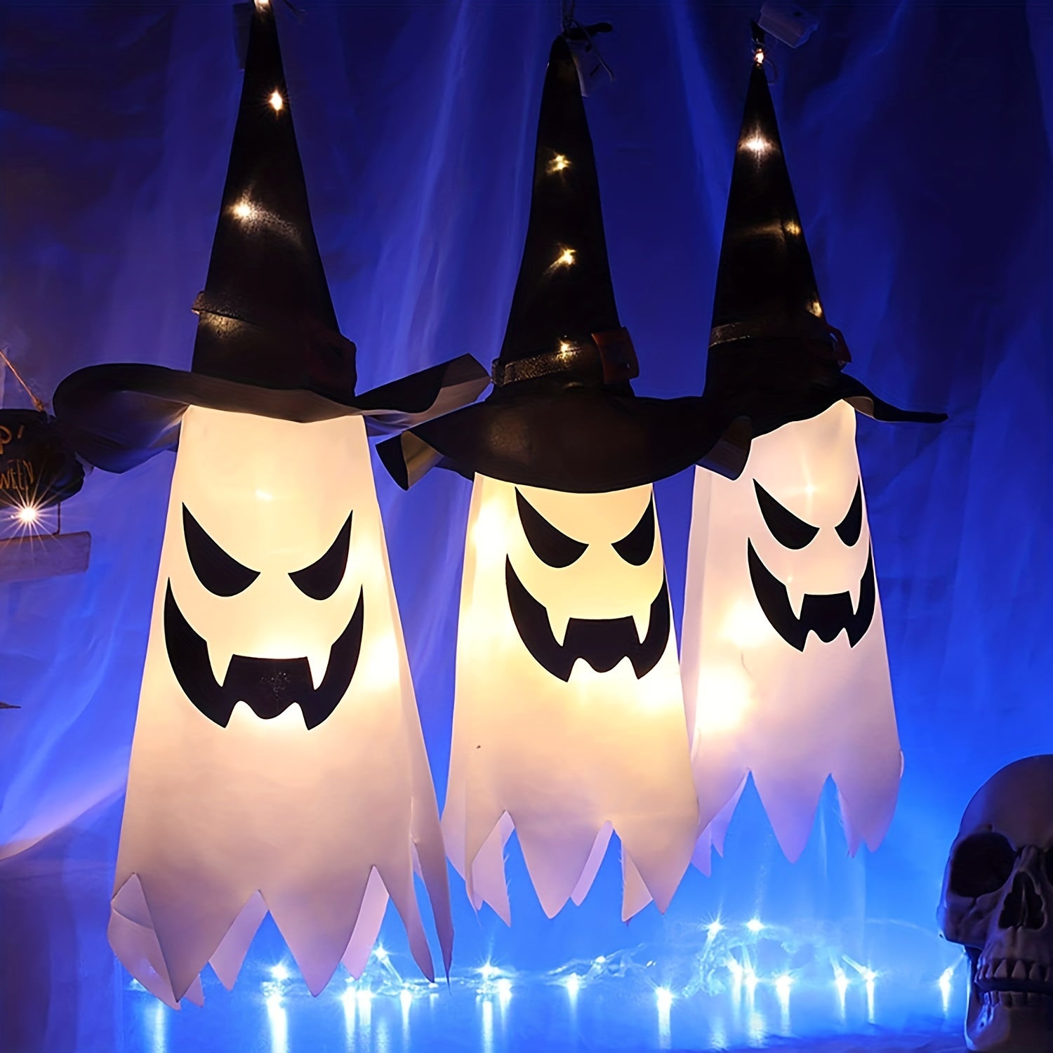 1pc Halloween Decorations Outdoor Hanging Lighted Glowing Ghost Witch Hat