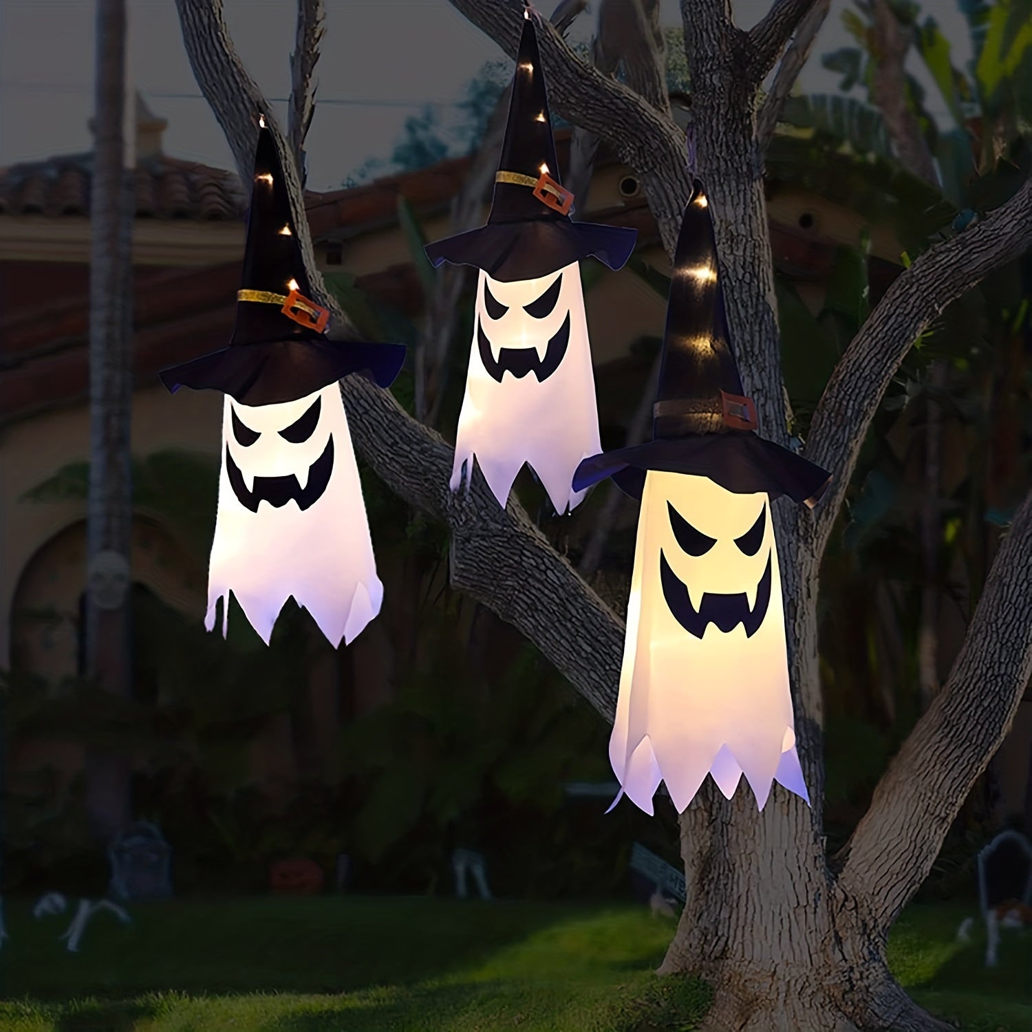 1pc Halloween Decorations Outdoor Hanging Lighted Glowing Ghost Witch Hat