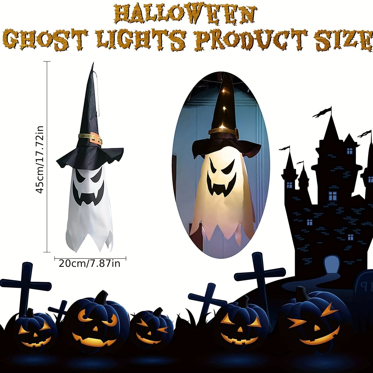 1pc Halloween Decorations Outdoor Hanging Lighted Glowing Ghost Witch Hat