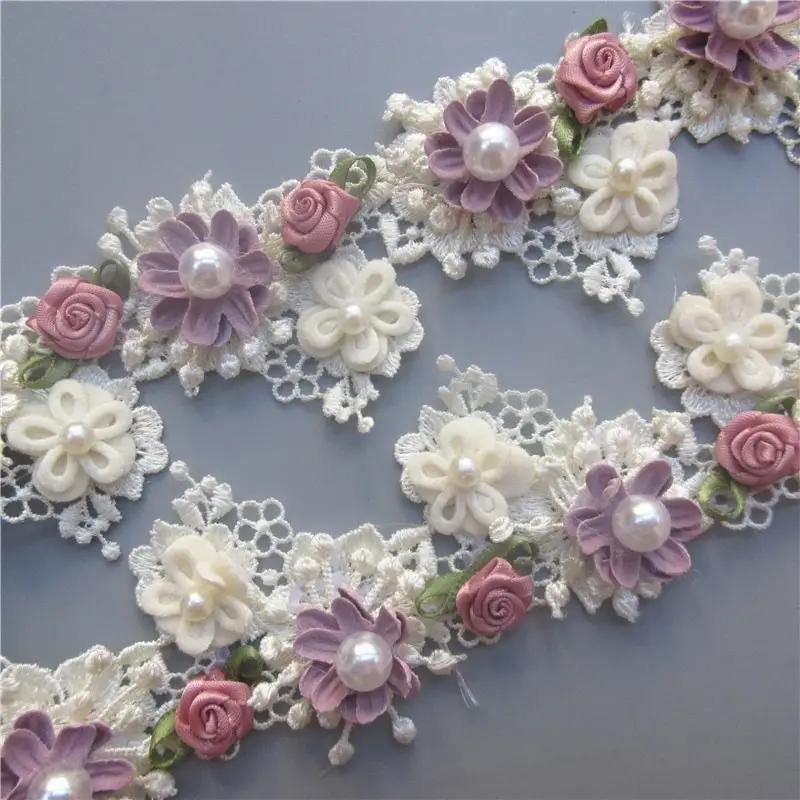 Faux Pearl Rose Flower Lace Trim Ribbon - DIY Sewing Crafts Bags Clothes Costume