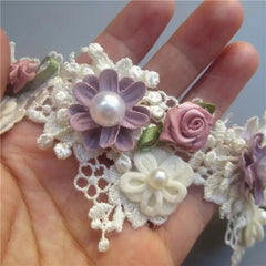 Faux Pearl Rose Flower Lace Trim Ribbon - DIY Sewing Crafts Bags Clothes Costume