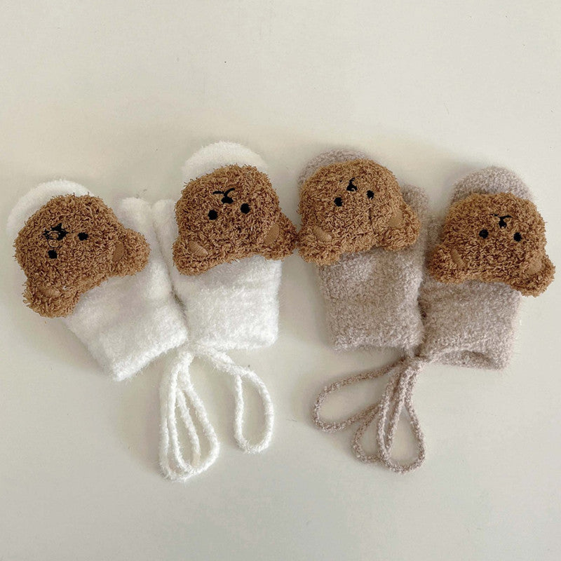 Bear Pattern Plush Gloves for Kids