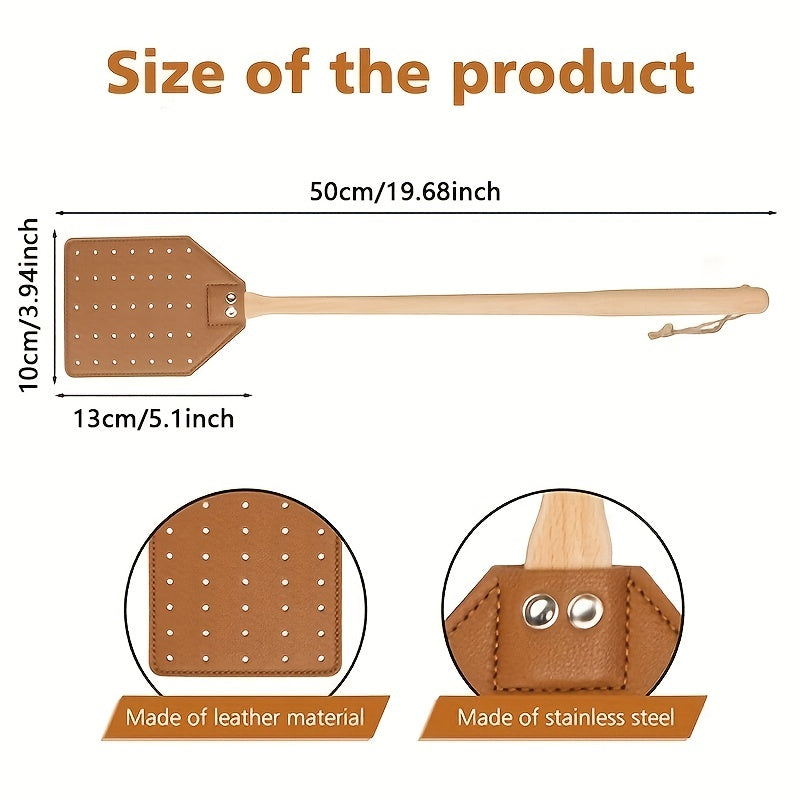 Heavy Duty Leather Fly Swatter Beech Wood Handle Indoor Outdoor Pest Supplies