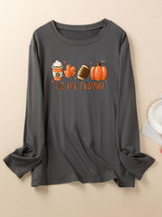  Pumpkin & Football Print Long Sleeve Crew Neck Pajama Top