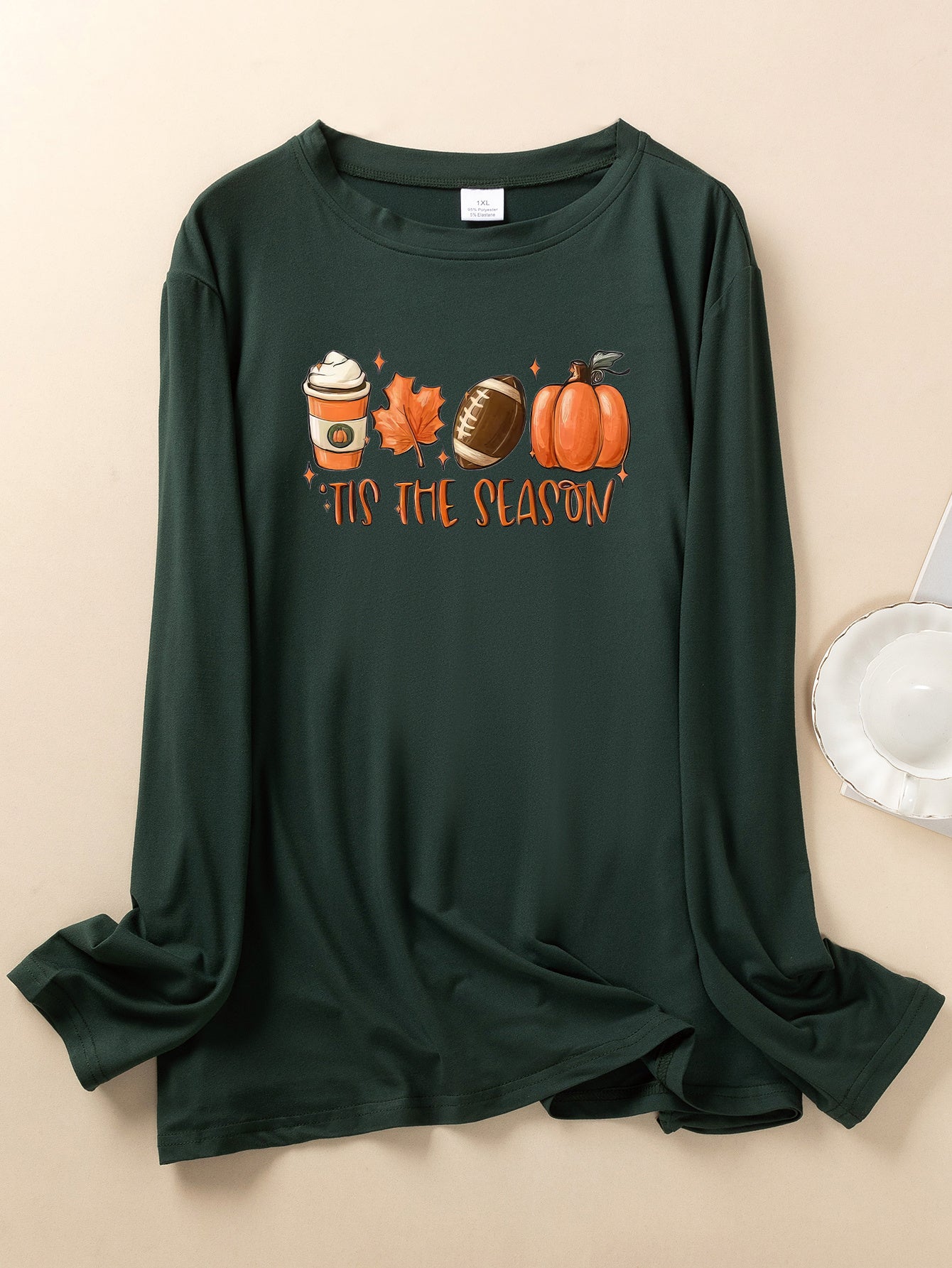  Pumpkin & Football Print Long Sleeve Crew Neck Pajama Top