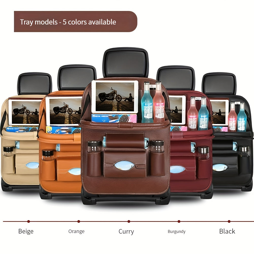 PU Leather Car Storage Bag with Table Tray - Snack and Toy Organizer