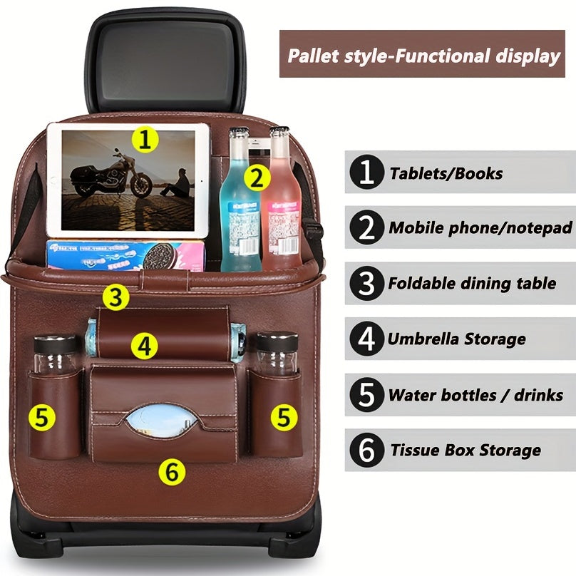 PU Leather Car Storage Bag with Table Tray - Snack and Toy Organizer