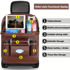 PU Leather Car Storage Bag with Table Tray - Snack and Toy Organizer