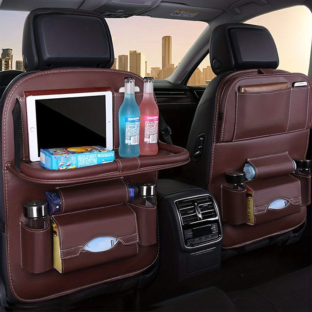 PU Leather Car Storage Bag with Table Tray - Snack and Toy Organizer