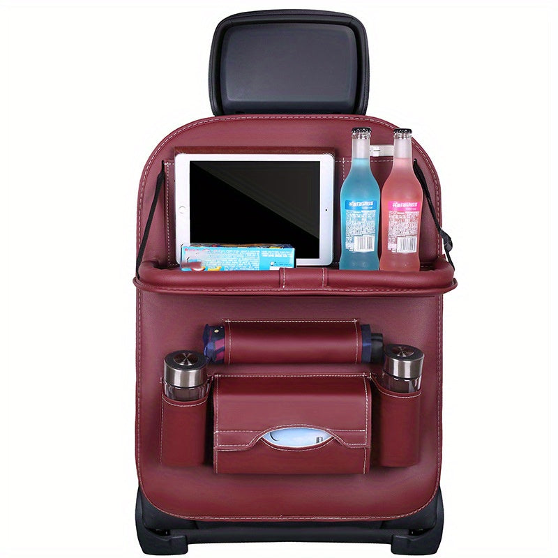 PU Leather Car Storage Bag with Table Tray - Snack and Toy Organizer