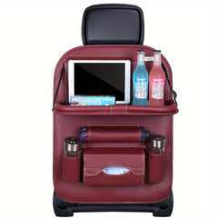 PU Leather Car Storage Bag with Table Tray - Snack and Toy Organizer