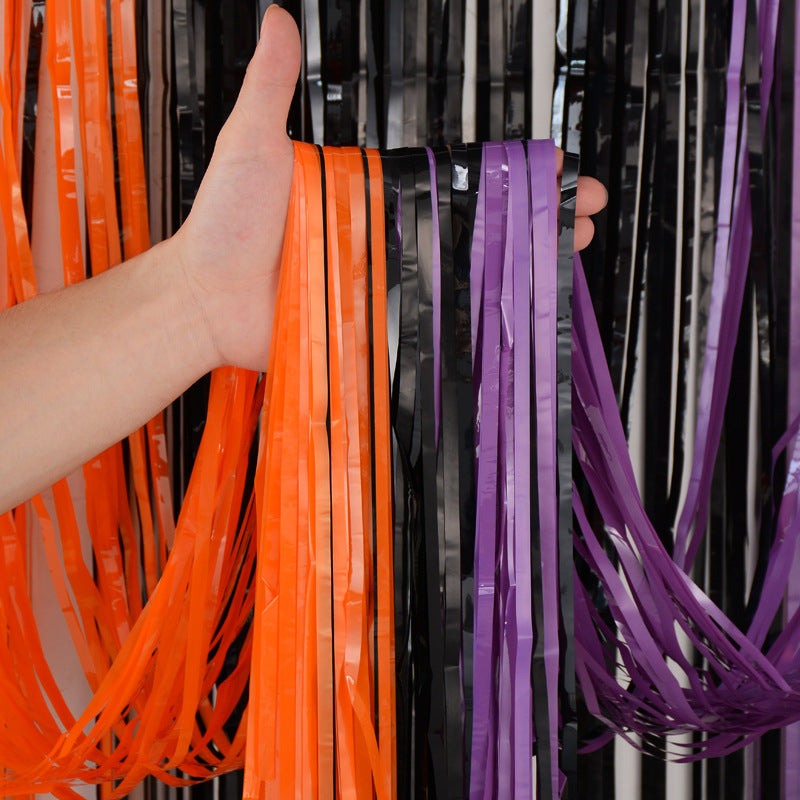 Orange Purple Tinsel Fringe Halloween Curtain