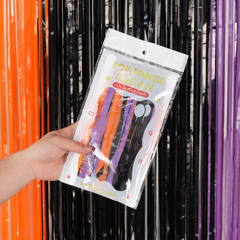 Orange Purple Tinsel Fringe Halloween Curtain