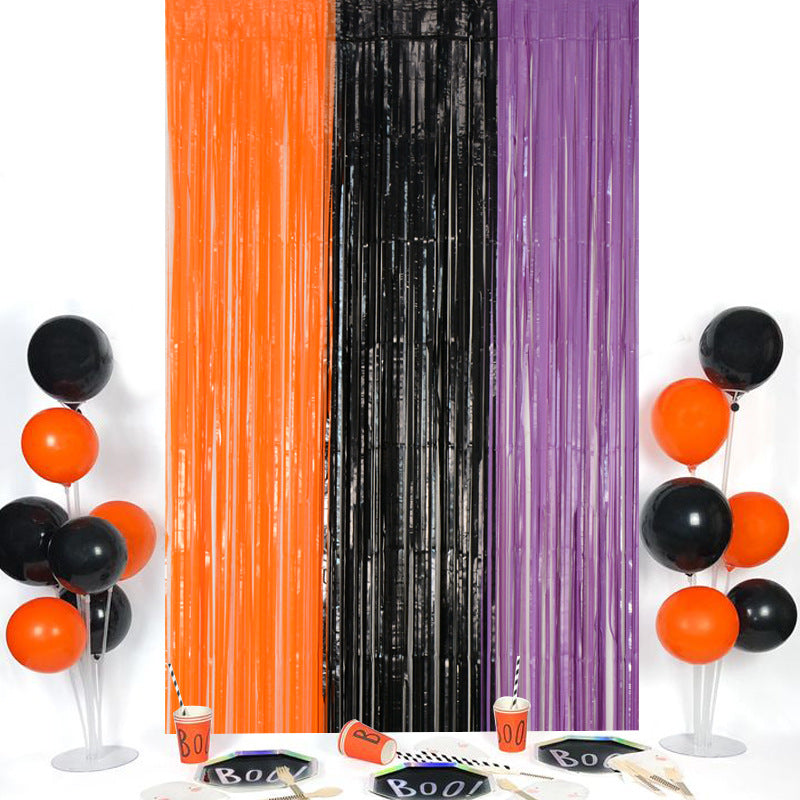 Orange Purple Tinsel Fringe Halloween Curtain