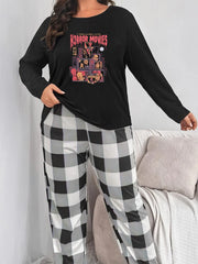  Halloween Pajama Set Women's Gingham & Horror Print Long Sleeve Tee