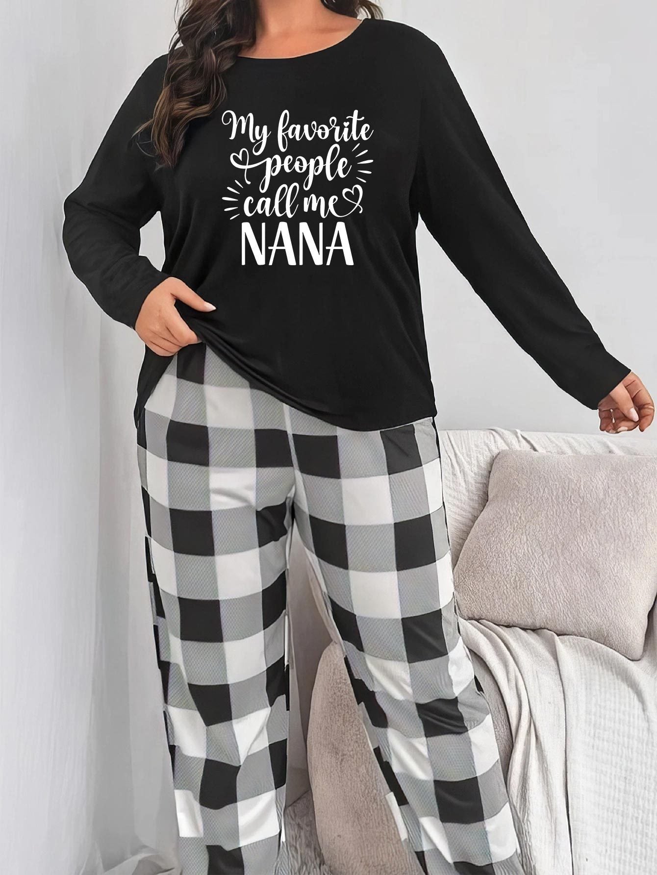  Colorblock Gingham & Slogan Print Pajama Set