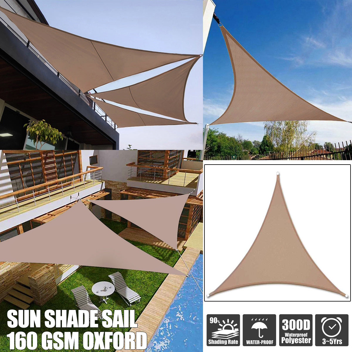 Khaki Triangle Shade Sail Sun Shelter Waterproof Awning