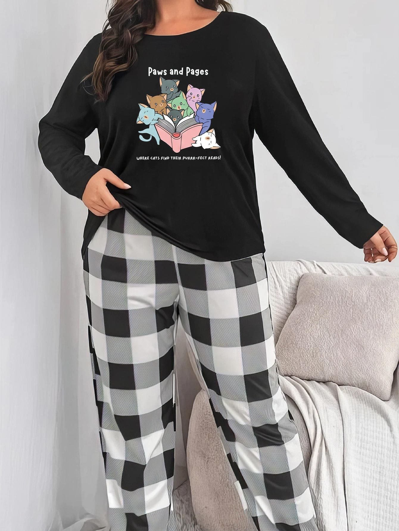  Book & Cats Print Pajama Set Long Sleeve Top & Plaid Pants