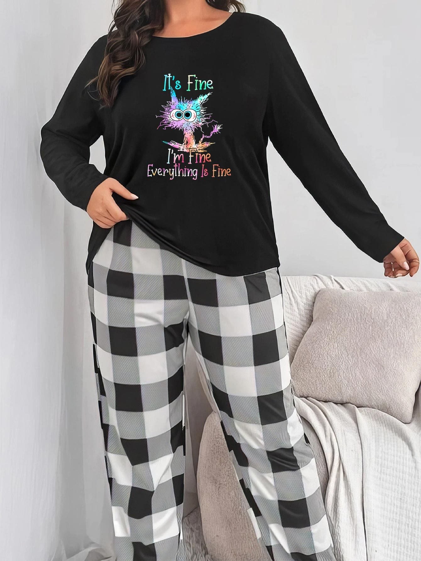  Cat Print Pajama Set Long Sleeve Top & Pants