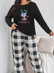  Cat Print Pajama Set Long Sleeve Top & Pants