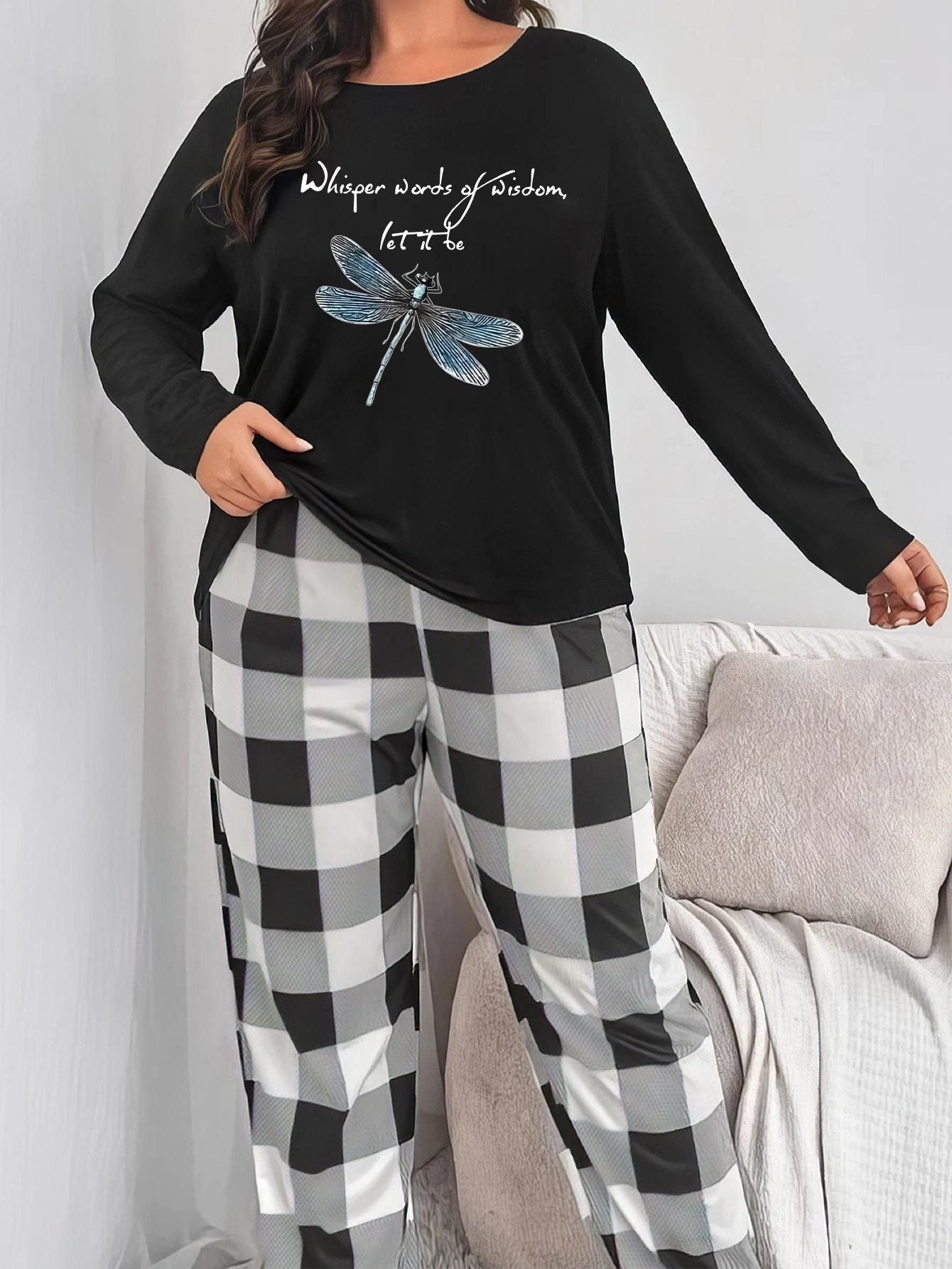 Dragonfly Print Tee & Plaid Pants Pajama Set