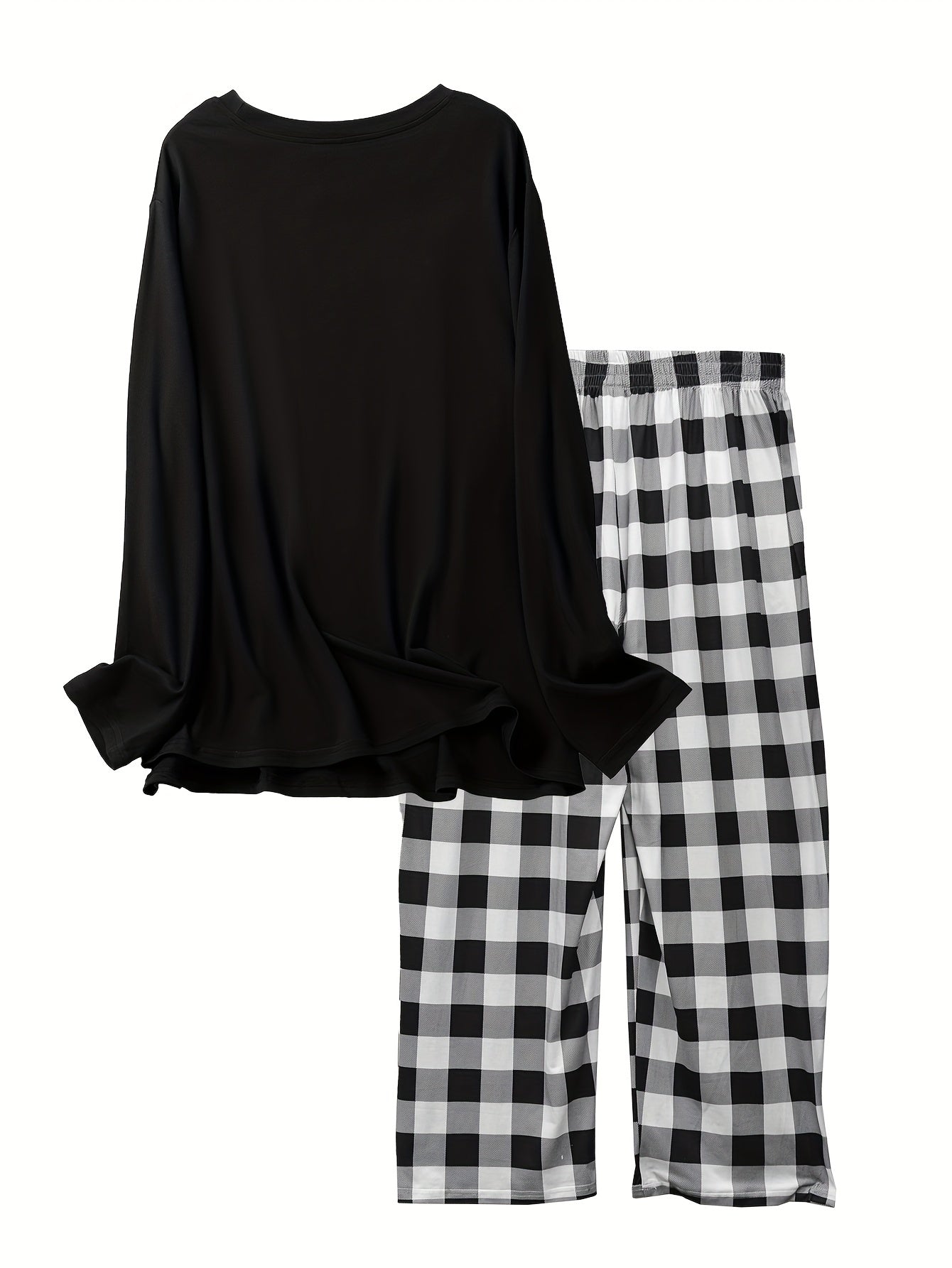  Slogan Print Tee & Plaid Pants Pajama Set