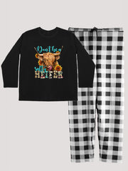  Sunflower Cow Head Print Tee & Plaid Pants Pajama Set