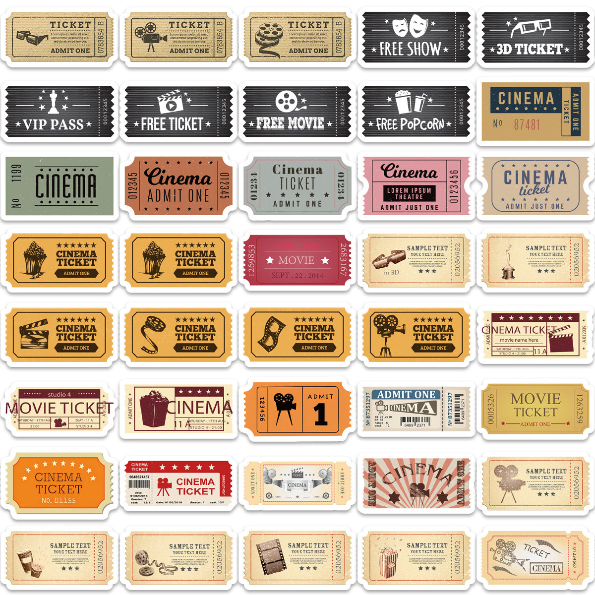81pcs Movie Ticket Pattern Stickers Waterproof for Laptop PC Mobile