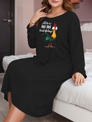  Rooster & Letter Print Long Sleeve T-shirt Nightdress