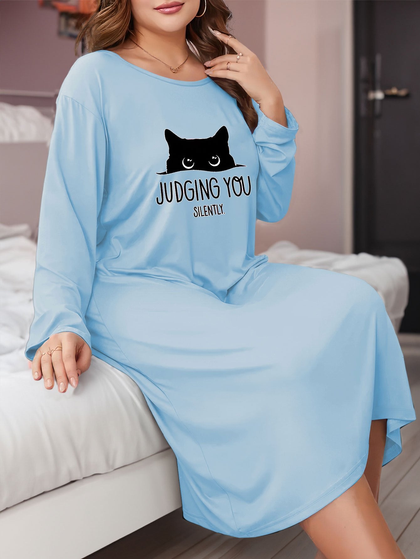  Cat & Letter Print Lounge Dress Long Sleeve Round Neck Nightdress