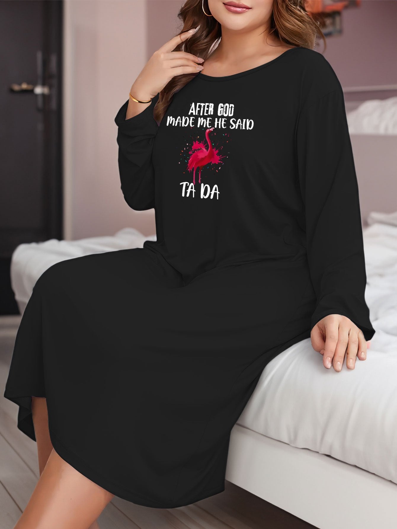  Graphic Print Lounge Dress Long Sleeve Nightdress