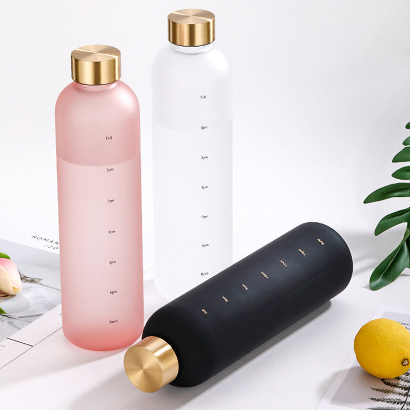 1000ml Frosted Water Bottle with Time Marker, Fitness Sports Travel Cup