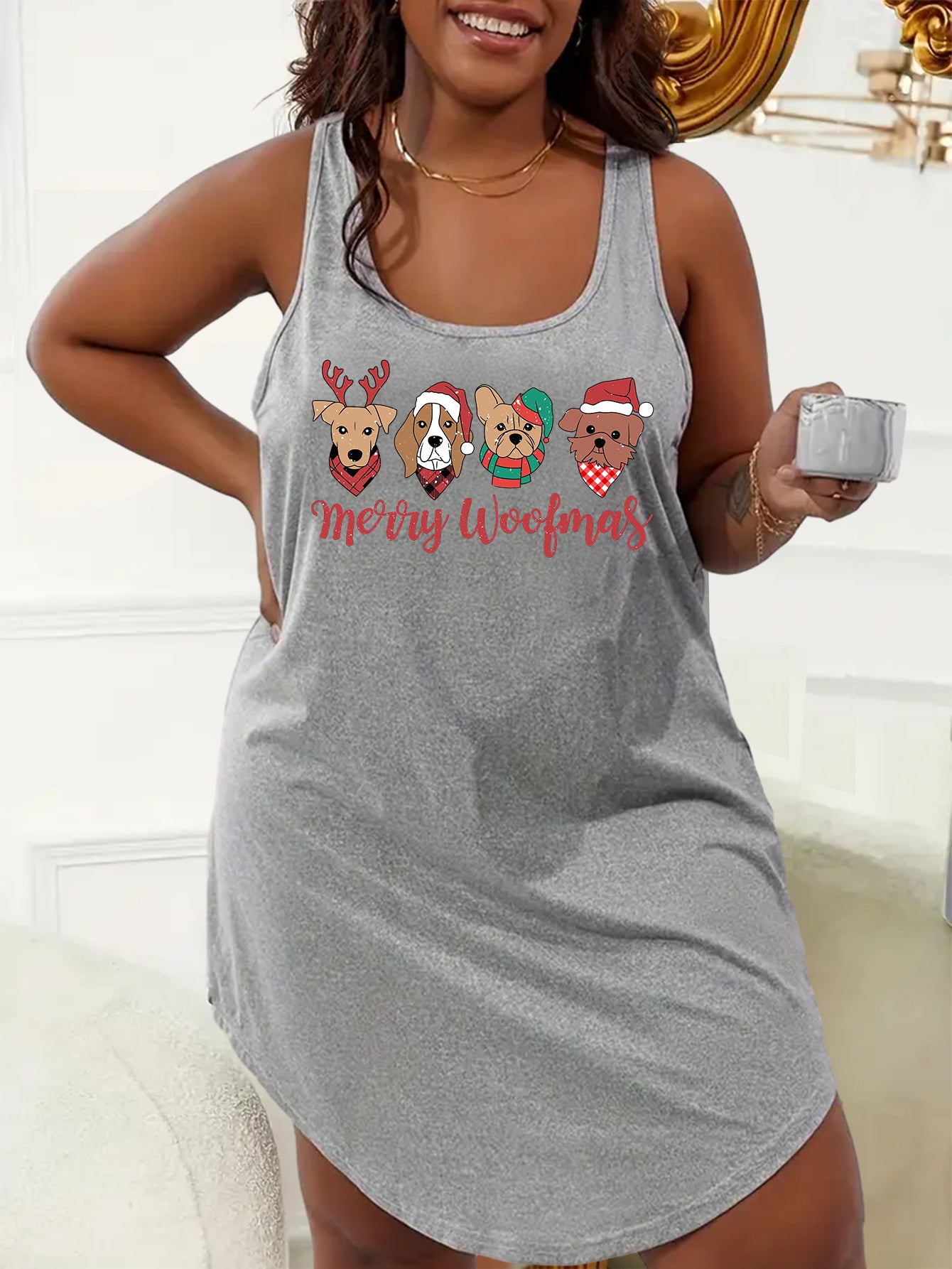  Christmas Nightdress Women's Plus Christmas Hat Puppy Print Tank